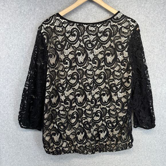 PerSeption Concept Top Womens Size XL Black Floral 3/4 Sleeve Lined Crochet Lace - Picture 2 of 12